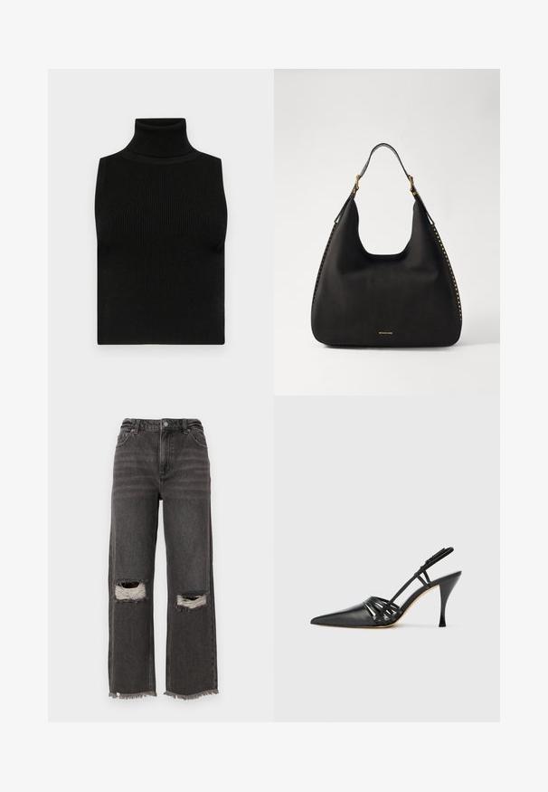 Black sleeveless turtleneck top with ribbed texture and fitted design. Smooth fabric with a high neck and no additional embellishments.; High-waisted, wide-leg jeans in dark gray denim with frayed hem and distressed knee rips, featuring subtle fading and a classic five-pocket design.; Black leather high-heeled slingback shoe with pointed toe, crisscross strap design, and slim stiletto heel. Smooth texture and minimal accents.; MICHAEL Michael Kors NOLITA HOBO  - Handbag - black
