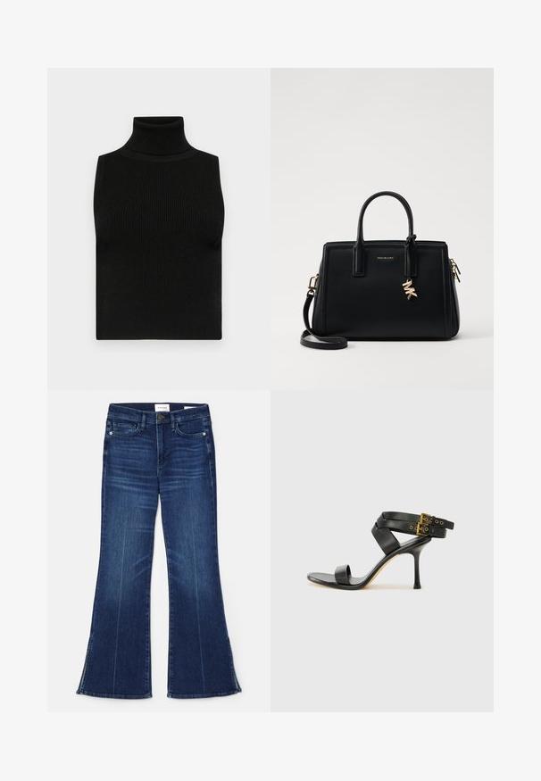 Zwarte mouwloze coltrui met geribbeld textuur en een getailleerd ontwerp. Glad materiaal met een hoge hals en zonder extra versieringen.; Donkerblauwe uitlopende jeans gemaakt van denim. Beschikt over een hoge taille, voorzakken en splitdetails aan de zoom. Klassiek vijfzakontwerp.; Zwarte hoge hak sandaal met gekruiste bandjes en verstelbare gespsluiting. Heeft een gladde textuur en een taps toelopende stilettohak.; Zwarte leren handtas met gestructureerd ontwerp, dubbele handvatten aan de bovenkant, afneembare schouderband, gouden hardware en een logo charm accent.