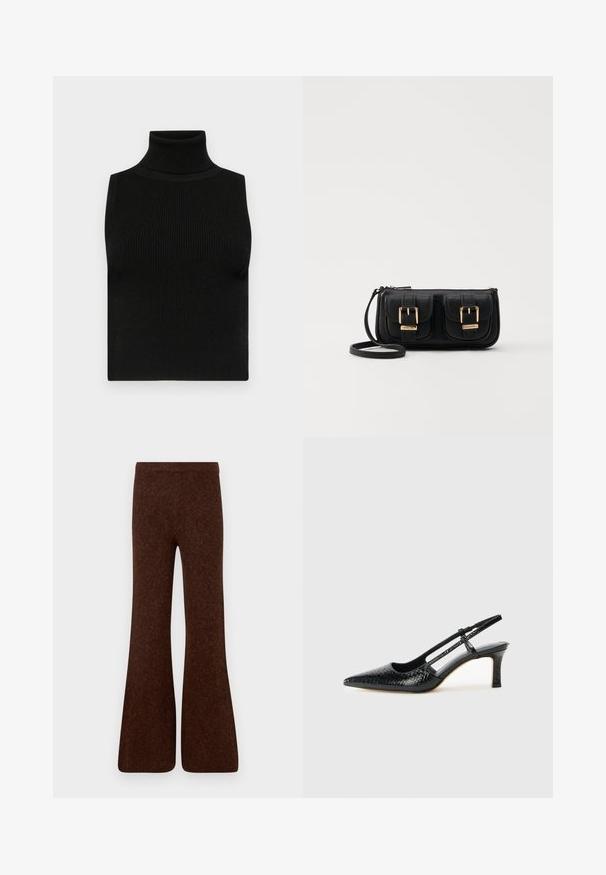 Haut sans manches noir avec col roulé, texture côtelée et coupe ajustée. Tissu lisse avec un col haut et sans embellissements supplémentaires.; Pantalons évasés marron en tissu texturé, avec une taille haute et une finition lisse, présentant une silhouette à jambe large. Pas de matériel visible.; Escarpin slingback en vernis noir avec un bout pointu, présentant un imprimé serpent texturé, une sangle réglable et un petit talon bloc texturé.; Sac en cuir noir porté en travers avec deux poches avant, boucles dorées, fermeture zippée et une sangle fine. Surface texturée et forme rectangulaire compacte.