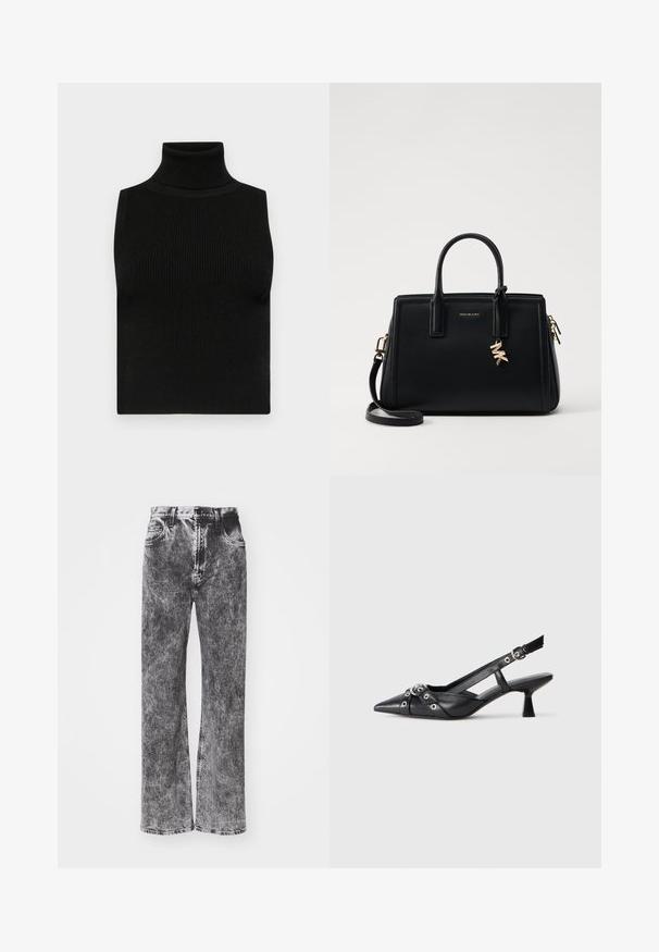 Črna brezrokavna majica z visokim ovratnikom, z rebrasto teksturo in oprijetim krojem. Gladek material z visokim ovratnikom in brez dodatnih okrasitev.; Visokoramne, široke kavbojke v črno-sivi pranje, ki imajo pet žepov in kontrastno šivanje ob robu.; Črne usnjene sandale središnje zaponke z ostro konico, okrasnimi trakovi z kovinskimi očesi in nizko blokasto peto. Teksturirana površina.; Črna usnjena torbica s strukturirano zasnovo, dvema zgornjima ročajema, odstranjevanim naramnim trakom, zlatim okovjem in dodatkom z logotipom.