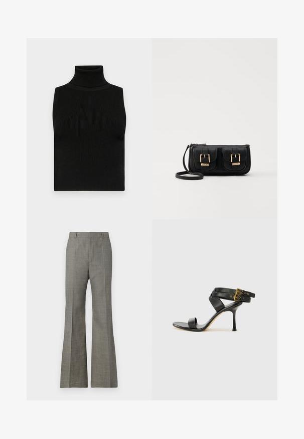 Top negru fără mâneci, cu guler înalt, realizat dintr-un material texturat cu nervuri și cu un design fitted. Material neted, fără alte detalii decorative.; Pantaloni gri evazați din țesătură texturată, cu o croială ajustată, un model subtil de carouri și pliuri frontale pentru un aspect rafinat.; Sandalie negre cu toc, cu curele încrucișate și cataramă ajustabilă. Prezintă o textură netedă și un toc stiletto conic.; Geantă neagră din piele, tip crossbody, cu două buzunare frontale, catarame aurii, închidere cu fermoar și o curea subțire. Suprafață texturată și formă rectangulară compactă.