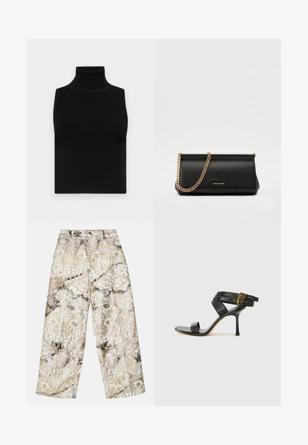Fekete ujjatlan garbó felső bordázott textúrával és testhezálló kialakítással. Simó anyag, magas nyakkal és további díszítések nélkül.; Texturált anyagból készült, fehér háttérrel rendelkező, arany és fekete damaszt mintájú, bővített szárú nadrág, magas derekú kialakítással.; Fekete magassarkú szandál keresztpántos dizájnnal és állítható csattal. Simább felülettel és hegyes tűsarkúval rendelkezik.; Fekete bőr kisméretű táska arany lánccal, sima felülettel, téglalap alakú, és dombornyomott márkázással az elején.