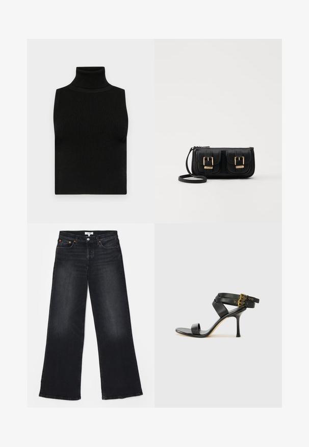 Haut sans manches noir avec col roulé, texture côtelée et coupe ajustée. Tissu lisse avec un col haut et sans embellissements supplémentaires.; Jeans en denim noir taille haute avec une coupe large, cinq poches, des coutures orange et une texture légèrement déchirée.; Sandale à talons noirs avec des straps croisés et une boucle ajustable. Elle présente une texture lisse et un talon aiguille effilé.; Sac en cuir noir porté en travers avec deux poches avant, boucles dorées, fermeture zippée et une sangle fine. Surface texturée et forme rectangulaire compacte.