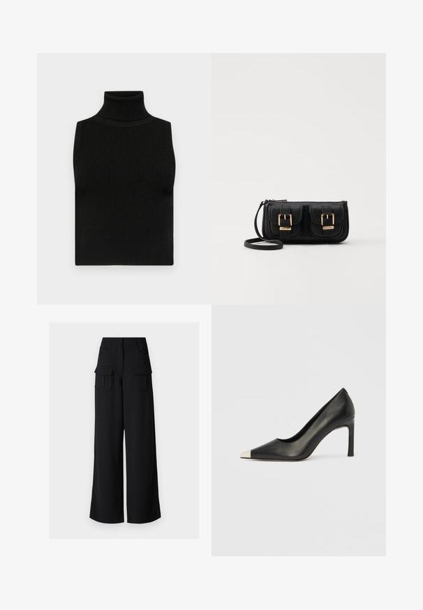 Juoda nesiuždinta marškinė su aukštu kaklu, su grublėta tekstūra ir prigludusiu siluetu. Lygus audinys su aukštu kaklu ir be papildomų dekoracijų.; Juodi plačios kojinės kargo kelnės su lygiu paviršiumi, turinčios dvi priekines kišenes ir dvi dideles kargo kišenes šoninėse.; Juodas odinis aukštakulnis batelis su smailia nosimi ir metaliniu sidabriniu galiuku. Turi lygų paviršių ir ploną 10 cm kulną.; Juodas odinis per petį nešiojamas krepšys su dviem priekiniais kišenėmis, auksiniais sagtimis, užtrauktuko uždarymu ir siauromis petnešomis. Textūruota paviršius ir kompaktiškas stačiakampis formatas.