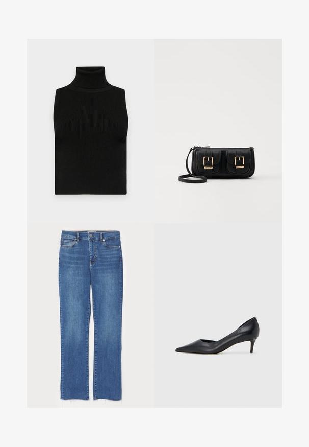 Schwarzes ärmelloses Turtleneck-Oberteil mit gerippter Textur und figurbetonter Passform. Glatter Stoff mit hohem Kragen und ohne zusätzliche Verzierungen.; Blaue Jeans aus Denim mit geradem Schnitt, ausgestattet mit einem Knopf- und Reißverschluss, fünf Taschen und ausgefransten Säumen am unteren Ende.; Schwarzer Pumps aus Leder mit spitzer Zehenpartie und niedrigem Absatz. Verfügt über eine glatte Textur und dezenten Glanz. Vordere Öffnung für ein zusätzliches Detail.; Schwarze Leder-Umhängetasche mit zwei vorderen Taschen, goldenen Schnallen, Reißverschluss und einem schmalen Tragegurt. Texturierte Oberfläche und kompakte rechteckige Form.