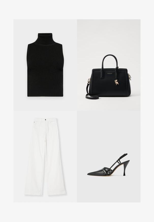 Schwarzes ärmelloses Turtleneck-Oberteil mit gerippter Textur und figurbetonter Passform. Glatter Stoff mit hohem Kragen und ohne zusätzliche Verzierungen.; Emporio Armani 5 TASCHE - Stoffhose - bianco caldo; Schwarze Leder-Slingback-Pumps mit spitzem Zehenbereich, über Kreuz verlaufendem Riemendesign und schmalem Stiletto-Absatz. Glatte Oberfläche und minimalistische Akzente.; Schwarze Ledertasche mit strukturiertem Design, doppelten oberen Griffen, abnehmbarem Schulterriemen, goldfarbenen Beschlägen und einem Logo-Anhänger.