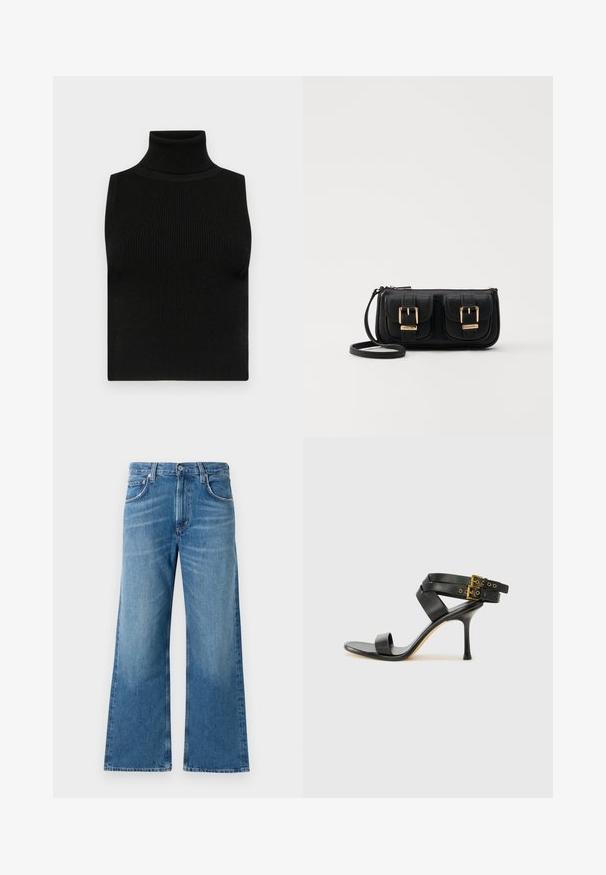 Must mustata turtleneck top ilma käistega, millel on soonikkoes ja sobiv disain. Sile kangas, kõrge kaelus ja ei mingeid lisakaunistusi.; Sinised laiad teksapüksid viie taskuga, nupuga sulgemine ja peened pleekinud detailid ees ja jalgadel.; Mustad mustand koos ristatud rihmade ja reguleeritava pandlaga. Omab siledat tekstuuri ja kitsenevat stiletto kontsa.; Must küllastamata nahast õlakott, millel on kaks esist nähtavat taskut, kuldsed pandlad, tõmblukuga sulgemine ja peen rihm. Tekstuuriga pind ja kompaktne ristkülikukujuline kuju.