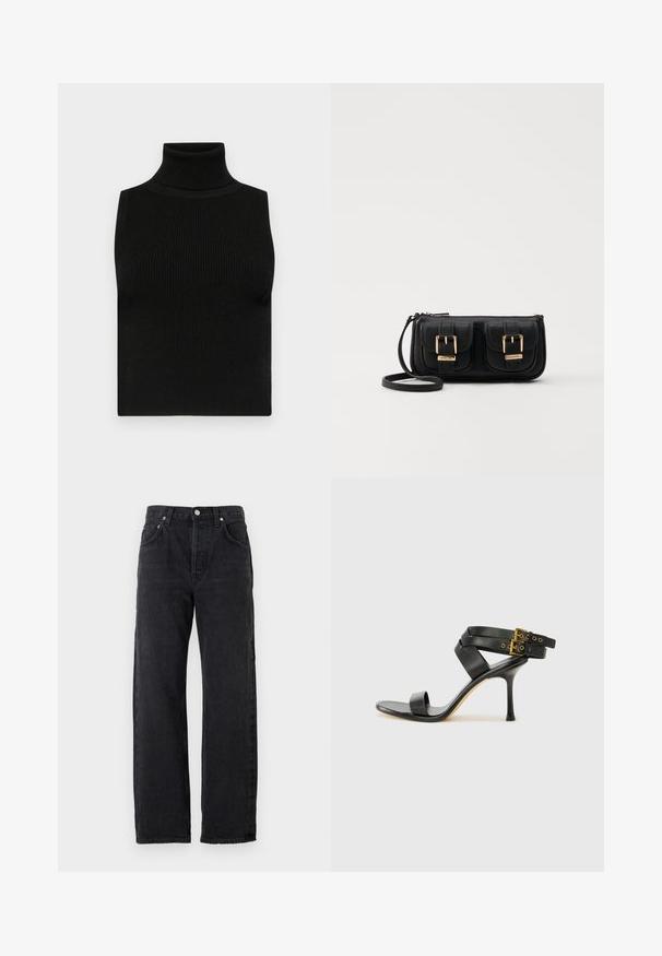 Svart ermløs turtleneck topp med ribbet tekstur og tettsittende design. Glatt stoff med høy hals og ingen ekstra detaljer.; Svarte denimjeans med rett benkutt, høy midje, fem lommer og metallknapper. Jevnt, litt teksturert stoff.; Svarte hælsandaler med kryssende stropper og justerbar spenne. Har en jevn tekstur og avsmalnende stilettoklakk.; Svart skinn crossbody veske med to frontlommer, gyldne spenner, glidelåslukking og en slank stropp. Teksturert overflate og kompakt rektangulær form.
