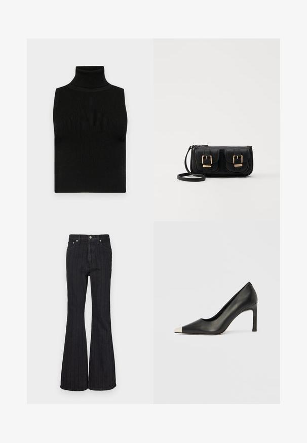 Must mustata turtleneck top ilma käistega, millel on soonikkoes ja sobiv disain. Sile kangas, kõrge kaelus ja ei mingeid lisakaunistusi.; Mustadest denimist laienevad teksad, millel on vertikaalsed valged triibud, viie taskuga disain, kõrge vöökoht ja metallnupp.; Mustast nahast kõrge kontsaga king terava varba ja metallik hõbedase otsikuga. Iseloomustab sile viimistlus ja sihvakas 10 cm konts.; Must küllastamata nahast õlakott, millel on kaks esist nähtavat taskut, kuldsed pandlad, tõmblukuga sulgemine ja peen rihm. Tekstuuriga pind ja kompaktne ristkülikukujuline kuju.