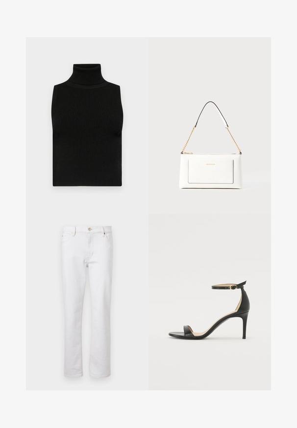 Czarna, bezrękawnikowa bluzka w stylu golfu z prążkowaną teksturą i dopasowanym krojem. Gładki materiał z wysokim kołnierzem i bez dodatkowych zdobień.; Białe dżinsy o prostym kroju nogawki, pięciokieszeniowym designie, jasnym przeszyciu oraz srebrnym zapięciu na guzik. Gładka faktura i minimalne detale.; Czarne skórzane sandały na wysokim obcasie z paskiem na kostce. Charakteryzują się gładką fakturą, otwartym noskiem i cienkim obcasem. Złoty detal z klamrą.; Biała skórzana torebka o teksturowanym wykończeniu, z złotą łańcuszkową rączką i czarnymi akcentami. Zawiera przednią kieszeń oraz zamek błyskawiczny.