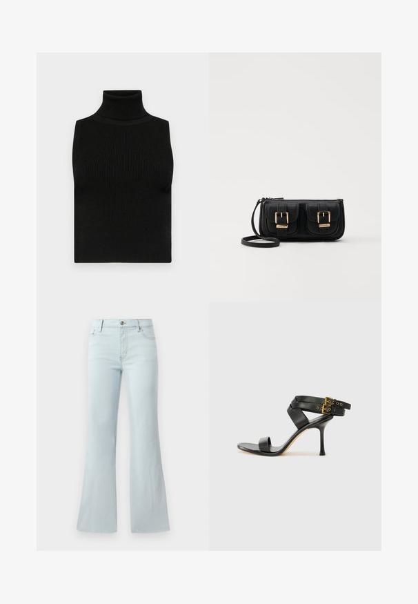Čierny bezrukávový rolák s rebrovanou textúrou a priliehavým strihom. Hladká tkanina s vysokým golierom a bez ďalších ozdôb.; Svetlomodré rozšírené džíny z denimu. Majú klasický dizajn s piatimi vreckami a predným zapínaním na gombík. Hladká textúra po celom povrchu.; Čierne sandále na podpätku s prekríženými popruhmi a nastaviteľnou prackou. Majú hladkú textúru a zúžený stiletto podpätok.; Čierna kožená crossbody taška s dvoma prednými vreckami, zlatými sponami, zipsovým uzatváraním a úzkym popruhom. Štruktúrovaný povrch a kompaktný obdĺžnikový tvar.