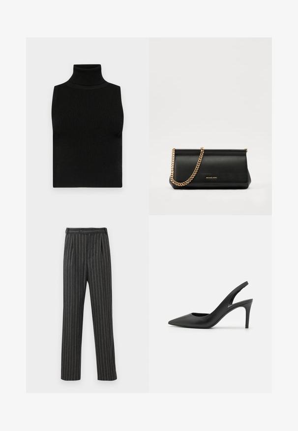 Schwarzes ärmelloses Turtleneck-Oberteil mit gerippter Textur und figurbetonter Passform. Glatter Stoff mit hohem Kragen und ohne zusätzliche Verzierungen.; Grau gestreifte Hose aus gewebtem Stoff. Merkmale sind eine hohe Taille, Falten an der Vorderseite und ein gerades Bein-Design. Standard Knopfverschluss.; Schwarze Leder Slingback High Heels mit einem spitzen Zehendesign, das an der Vorderseite ein Ausschnitt hat und einen dünnen Stilettoblock. ; Schwarze Leder-Clutch mit einer goldenen Ketten-Trage, die eine glatte Oberfläche, rechteckige Form und geprägtes Branding auf der Vorderseite aufweist.