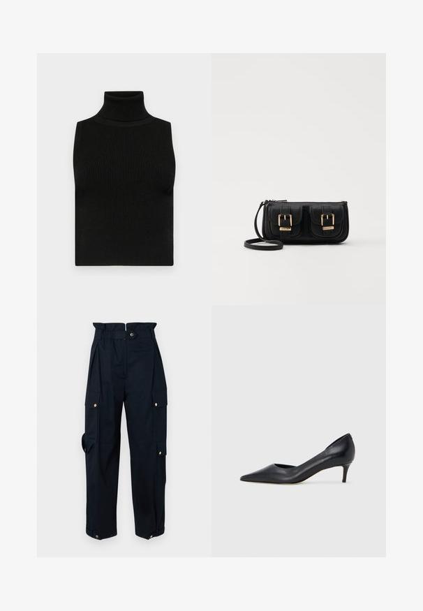 Črna brezrokavna majica z visokim ovratnikom, z rebrasto teksturo in oprijetim krojem. Gladek material z visokim ovratnikom in brez dodatnih okrasitev.; Temno modri cargo hlače z visokim pasom, več stranskih žepov in zlatimi detajli. Narejene iz trpežnega blaga z gladko teksturo.; Črni usnjeni čevelj s koničastim prstom in nizkim tihim peto. Ima gladko teksturo in subtilen lesk. Spredaj odprt izrez za dodaten detajl.; Črna usnjena torbica čez ramo z dvema sprednjima žepoma, zlatimi zaponkami, zadrgo in ozkim pasom. Tekstura površine je strukturirana, obliko pa ima kompaktno pravokotno.