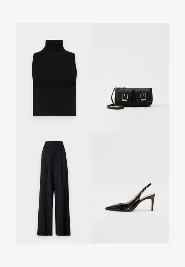 Mustat ilmanhihaiset poolotoppi, jossa on ribbed rakenne ja istuva muotoilu. Sileä kangas, korkea kaulus ja ilman lisäkoristeita.; Musta leveälahkeinen housu korkealla vyötäröllä, jossa on laskostuksia edessä ja sileä pinta. Ei näkyviä logoja tai kuvioita.; Musta lakattu nahkainen slingback-korkokenkä, jossa on terävä kärki, kapea korko ja hillitty leikkaussuunnittelu. Varressa on kultainen solki.; Musta nahkainen olkalaukku, jossa on kaksi etutaskua, kultaiset soljet, vetoketjukiinnitys ja kapea hihna. Teksturoidun pinnan ja kompaktin suorakaiteen muoto.