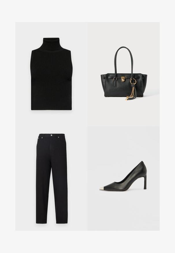Černý bezrukávový rolák s žebrovanou strukturou a přiléhavým designem. Hladká tkanina s vysokým krkem a bez dalších ozdob.; Černé džínové kalhoty mají rovný střih, viditelné švy a přední kapsy. Tkanina má hladký povrch s mírným leskem.; Černá kožená lodička na vysokém podpatku s špičatou špičkou a stříbrnou kovovou špičkou. Má hladký povrch a štíhlý 10cm podpatek.; Černá kožená kabelka s dvojitými uchy, zlatým zámkem a řetízkem, a černo-bílým třásňovým doplňkem na bílém pozadí.