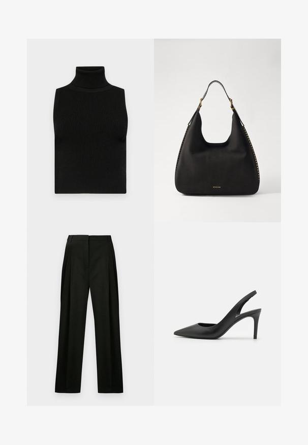 Haut sans manches noir avec col roulé, texture côtelée et coupe ajustée. Tissu lisse avec un col haut et sans embellissements supplémentaires.; Pantalons larges noirs en tissu texturé, avec des plis sur le devant et une taille propre et ajustée. Pas de poches visibles ni d'ornementations.; Escarpins à talon aiguille en cuir noir, avec un design à bout pointu, présentant une découpure à l'avant et un talon fin.; MICHAEL Michael Kors NOLITA HOBO  - Sac à main - black