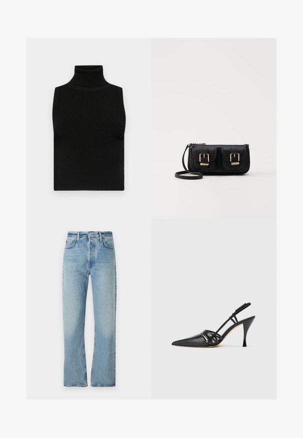 Top negru fără mâneci, cu guler înalt, realizat dintr-un material texturat cu nervuri și cu un design fitted. Material neted, fără alte detalii decorative.; Blugi de culoare albastru deschis din denim, cu un design drept, talie înaltă, bucle pentru curea și un stil clasic cu cinci buzunare. Ușoară decolorare pe material.; Pantofii cu toc slingback din piele neagră, cu vârful ascuțit, design cu curea în cruce și toc stiletto subțire. Textură netedă și accente minime.; Geantă neagră din piele, tip crossbody, cu două buzunare frontale, catarame aurii, închidere cu fermoar și o curea subțire. Suprafață texturată și formă rectangulară compactă.
