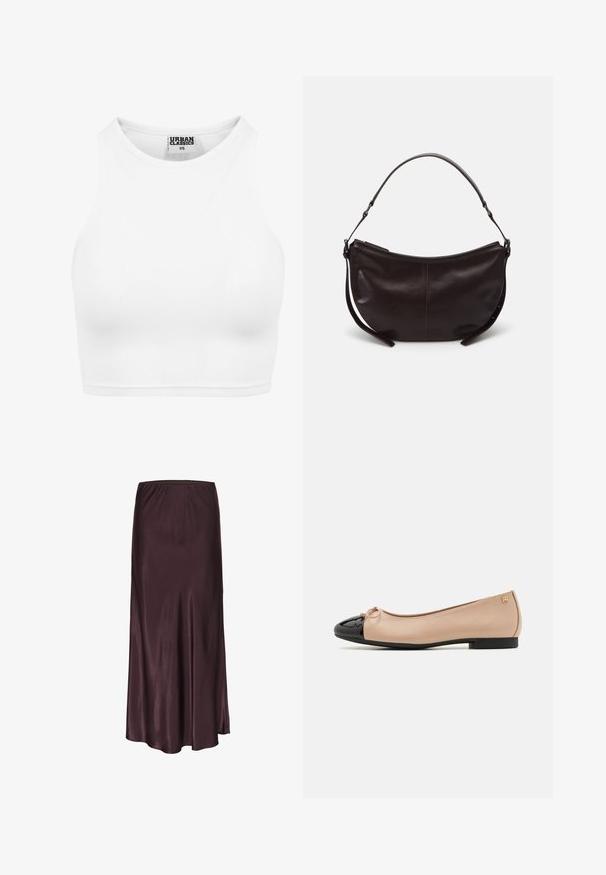 Balta raibuota trumpa maikutė su aukštu kaklu ir be rankovių dizainu. Pagaminta iš minkštos, elastingos medžiagos, užtikrinančios patogų prigludimą.; Samančio midi sijonas tamsiai raudonos spalvos su elastinga juosia, plaukiantis dizainas ir lygus, blizgus paviršius. Nėra matomų raštų ar akcentų.; Balerinos su smėlio spalvos satino viršumi, juodu lakuotu galiniu kojų dalimi, mažu lankeliu priekyje ir žemu juodu kulniuku.; Tamsiai ruda odinė petinė rankinė su išlenkta forma, lygiu paviršiu, ir vienu reguliuojamu diržu. Yra užtrauktuko uždarymas.