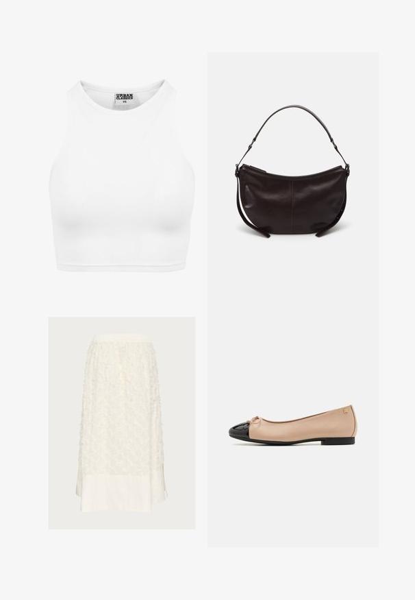 Top corto bianco a costine con scollatura alta e design senza maniche. Realizzato in tessuto morbido e elasticizzato per un fit confortevole.; Gonna bianca in tessuto testurizzato con motivi floreali in rilievo nella parte superiore e un orlo in cotone liscio, rifinita con spacchi laterali. Vita elastica.; Ballerine con upper in satin beige, punta in vernice nera, piccolo fiocco sul davanti e tacco basso nero.; Borsa a spalla in pelle marrone scuro con forma curva, superficie liscia e una singola tracolla regolabile. Dotata di chiusura con cerniera.