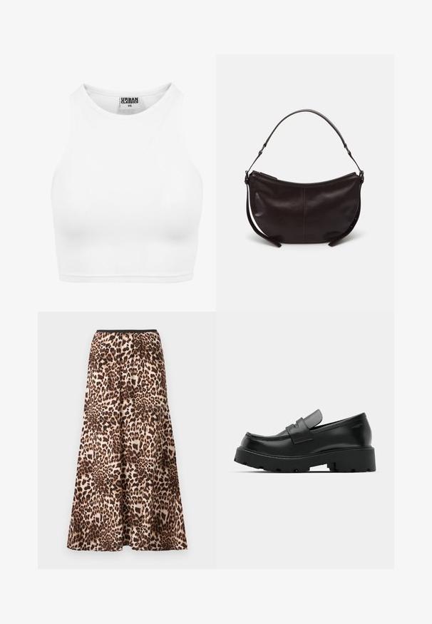 Bela rebrasta kratka majica z visokim ovratnikom in brez rokavov. Narejena iz mehkega, elastičnega materiala za udoben fit.; Maksi krilo v leopardjem vzorcu, z črnim pasom, tekočo silhueto in mehkim materialom, ki se ponaša z različnimi odtenki rjave in bež.; Črne usnjene loafer čevlje z masivnim teksturiranim podplatom, opremljene z naramnico nad vampom in gladko, polirano površino.; Temno rjava usnjena torba za ramo s ukrivljeno obliko, gladko teksturo in enim prilagodljivim trakom. Ima zadrgo za zapiranje.