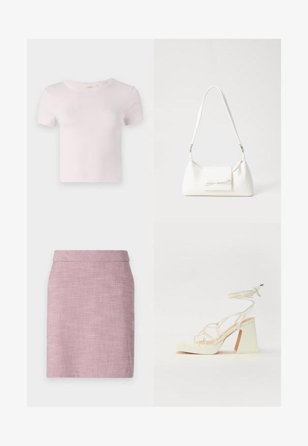 Kortermet rosa bomulls t-skjorte med rund hals og avslappet passform. Jevn tekstur og enkelt design, passende for hverdagsbruk.; Rosa vevd blyantskjørt med en jevn tekstur, høy midje og rett silhuett. Minimalistisk design uten synlige dekorasjoner.; Hvit høyhælte sandal med kraftig hæl, med en stroppe-design og ankelbånd. Glatt tekstur med plattform foran for ekstra høyde.; Hvit syntetisk håndveske med trekantet form, flat klaff foran og sløyfe detaljer, justerbar stropp, glatt tekstur og minimalistisk design.