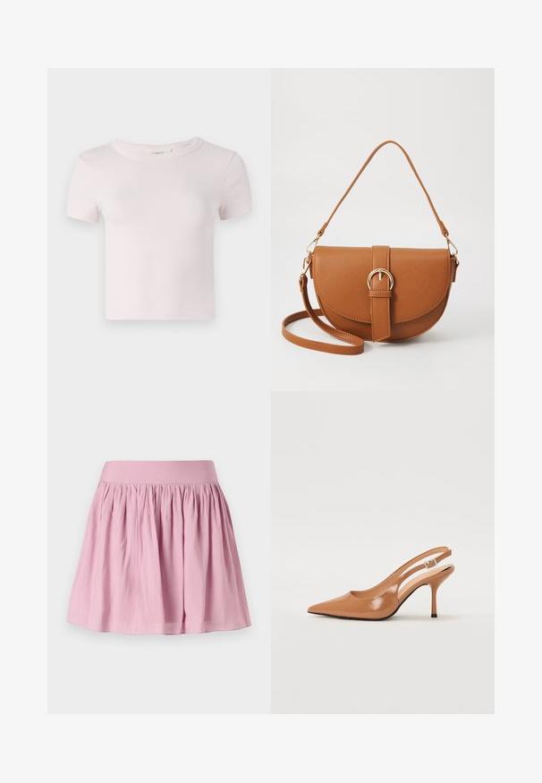 Rosa Baumwoll-T-Shirt mit kurzen Ärmeln, rundem Ausschnitt und lässiger Passform. Glatte Textur und einfaches Design, geeignet für Freizeitkleidung.; Helle rosa ausgestellt Rock mit elastischem Bund und gerafftem Stoff, der eine glatte Textur aufweist und knielang geschnitten ist. Keine Muster oder Akzente.; Spitz zulaufender Slingback-Absatz aus einem glatten, glänzenden, tanfarbenen Material. Mit einem geschwungenen Ausschnitt-Design und einem schlanken Stiletto-Absatz. Silberne Schnallendetails.; Braune Leder-Crossbody-Tasche mit geschwungener Form, goldfarbenen Beschlägen und einer Schnallenakzentuierung. Verfügt über einen abnehmbaren Schultergurt.