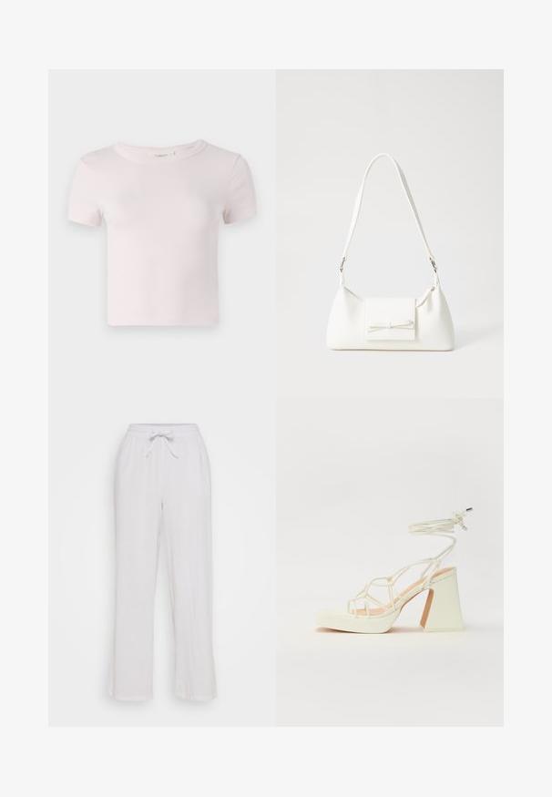 Rosa Baumwoll-T-Shirt mit kurzen Ärmeln, rundem Ausschnitt und lässiger Passform. Glatte Textur und einfaches Design, geeignet für Freizeitkleidung.; Weiße Leinenhosen mit einem Kordelzugbund, die eine lockere Passform und ein gerades Bein-Design bieten. Glatte Textur, keine sichtbaren Muster oder Akzente.; Weiße High-Heel-Sandale mit einem klobigen Absatz, die über ein Riemchendesign und ein Knöchelband verfügt. Glatte Textur mit einer Plattform vorne für zusätzliche Höhe.; Weiße synthetische Handtasche in dreieckiger Form, flache Vorderklappe und Schleifendetail, verstellbarer Trageriemen, glatte Textur und minimalistisches Design.