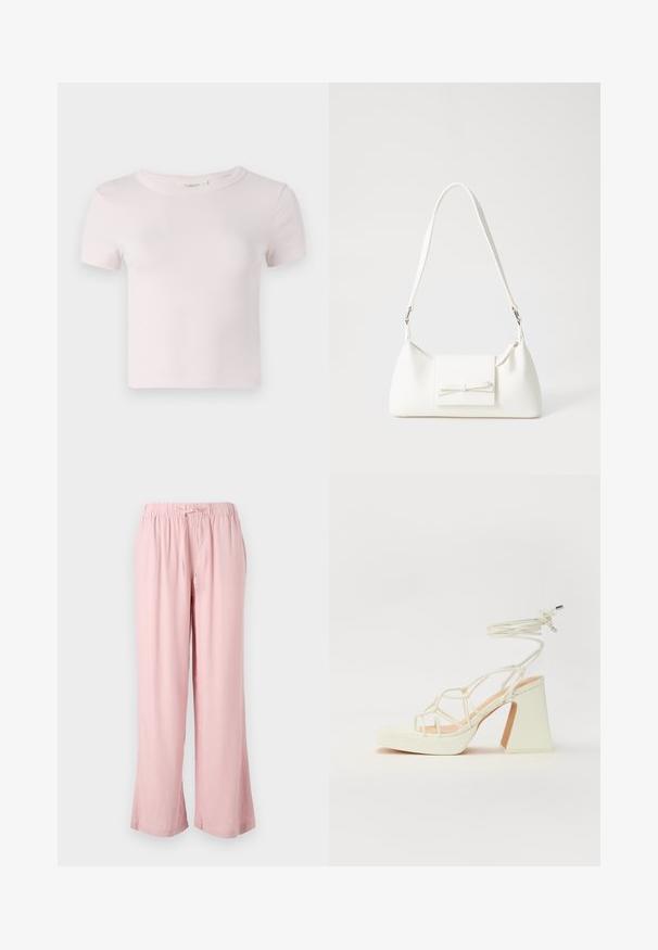Kratke ročne majice iz roza bombaža z okroglim izrezom in sproščenim krojem. Gladka tekstura in preprost dizajn, primerna za sproščeno nošenje.; Svetlo roza široke hlače iz mehke tkanine, s elastičnim pasom in vrvico. Oblikovanje ima sproščen kroj in ravne hlačnice.; Bela sandala na visokih petah s debelim petam, ki ima obliko trakcev in vezanje okoli gležnja. Gladka tekstura z platformo spredaj za dodatno višino.; Bela sintetična torbica v obliki trikotnika, z ravnim sprednjim poklopcem in detajlom mašne, nastavljivim trakom, gladko teksturo in minimalističnim dizajnom.