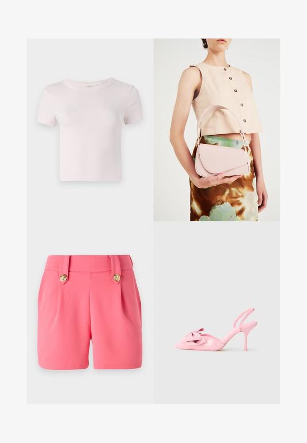 T-shirt rosa in cotone a maniche corte con scollatura rotonda e vestibilità rilassata. Tessuto morbido e design semplice, adatto per un abbigliamento casual.; Pantaloni corti rosa realizzati in un materiale morbido, con due pieghe davanti, dettagli con bottoni dorati e una vestibilità su misura.; Décolleté in vernice rosa con punta affilata, fiocco decorativo sul davanti e tacco a stiletto sottile. Texture liscia.; Borsa in pelle rosa con pattina curva, tracolla singola e linee pulite. La borsa presenta una texture liscia e un design minimalista.