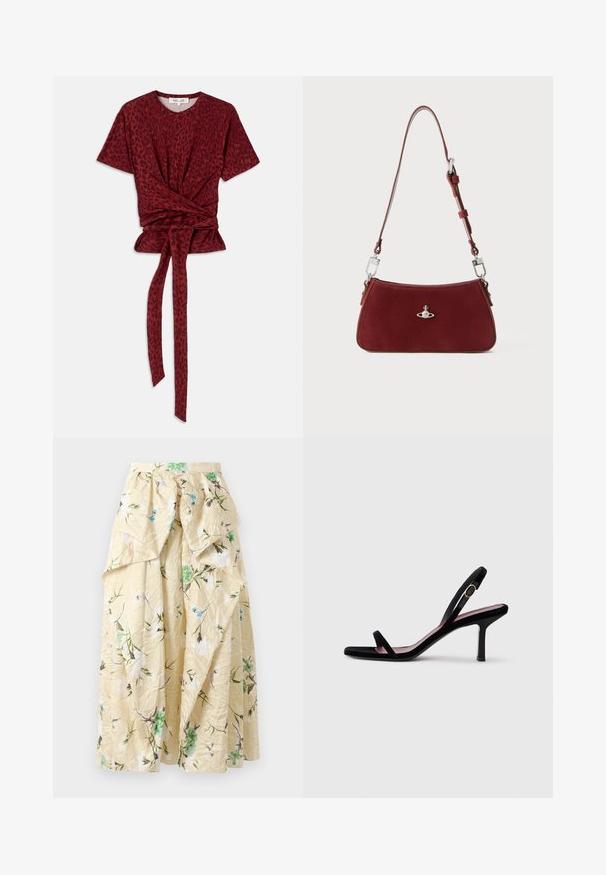 Rød leopardprint T-shirt med rund udskæring, korte ærmer og knyttet talje detalje; lavet af blødt, struktureret stof.; Blomstrete maxi nederdel i krøllet gul stof, med grønne og blå blomster mønstre, en høj talje og lagdelte volanger for volumen.; Sorte ruskind højhælede sandaler til kvinder med slanke stropper og en guldbuckle på hvid baggrund, set fra siden.; Rød suedette skuldertaske med en buet form. Har en sølvfarvet detalje og justerbar rem med hardware-detaljer. Glat tekstur.