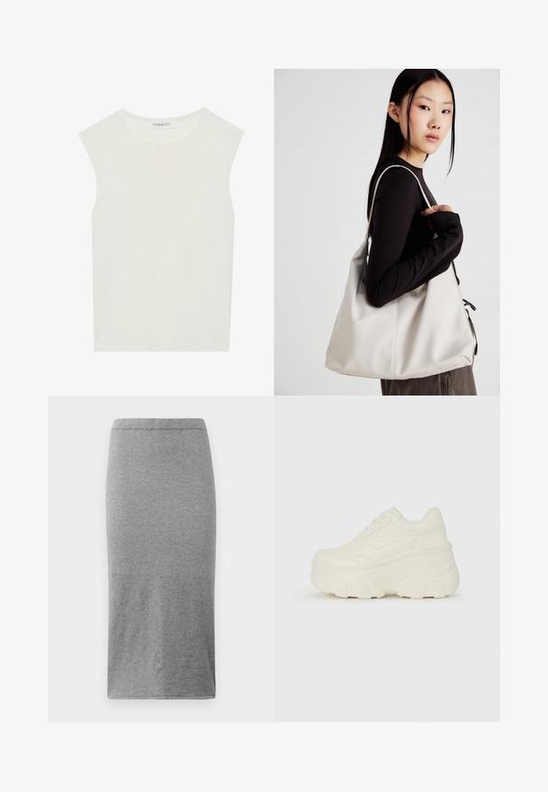 Valge ilma varrukateta topp ümmarguse kaelusega. Valmistatud siledast kangast, sellel on mugav lõige ja minimalistlik disain. Ei ole mustreid ega aksessuaare.; Hallide, põlvepikkune seelik, mis on valmistatud pehmest ja elastsetest materjalidest. Omab lihtsat, keha järgivat disaini, millel on elastne vöökoht ja sile tekstuur.; Valged platvormi tõusukingad, millel on siledast nahast meenutav pealis, ümar kuju, pehmendatud kaelus ja tekstureeritud kummitald koos selgete hüdrofoobsete mustritega.; Bež käekott pehme materjali, millel on lõtv disain, õmblustega detailid ja kaks õlarihma. Sobib igapäevaseks kasutamiseks.