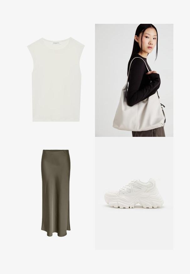 Fehér ujjatlan felső, kerek nyakkivágással. Simább anyagból készült, laza fazonnal és minimalista kialakítással rendelkezik. Nincsenek minták vagy díszítések.; Hosszú olajzöld szoknya sima, fényes anyagból, oldalsó hasítékkal és puha, áramló dizájnnal, amely elegánsan omlik.; Fehér, vastag talpú sportcipők, textúrált felsőrésszel, hálós panelek árnyékolásával és vastag, kiemelkedő mintázatú gumitalppal. Zsinórok és húzófül tartozik hozzá.; Puha anyagból készült bézs kézitáska, laza dizájnnal, varrott részletekkel és két vállpánttal. Mindennapi használatra alkalmas.
