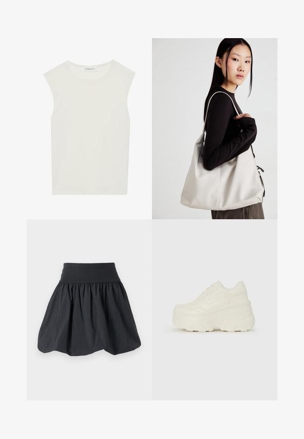 Haut sans manches blanc avec un col rond. Fabriqué en tissu lisse, il présente une coupe décontractée et un design minimaliste. Pas de motifs ni d'accents.; Jupe noire à taille élastique fabriquée en tissu léger et froissé. Présente une silhouette évasée et une texture plissée pour plus de volume.; Baskets plateformes blanches avec une tige en simili cuir lisse, une forme arrondie, un col rembourré et une semelle en caoutchouc texturé avec des crampons définis.; Sac à main beige en matériau souple, avec un design décontracté, des détails cousus et deux poignées. Idéal pour un usage quotidien.