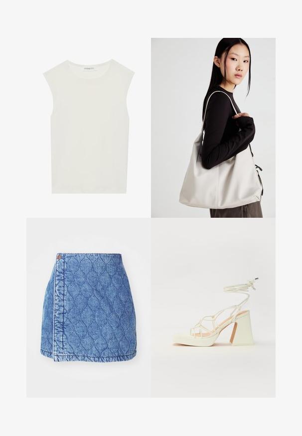 Fehér ujjatlan felső, kerek nyakkivágással. Simább anyagból készült, laza fazonnal és minimalista kialakítással rendelkezik. Nincsenek minták vagy díszítések.; Farmernadrág szoknya steppelt mintával, világoskék színben, aszimmetrikus kialakítással és rojtos szegéllyel. Jellemzője a látható varrás és egy oldalsó gomb.; Fehér, magassarkú szandál vastag sarokkal, pántos dizájnnal és bokapánttal. Sima textúra, elülső platformmal a megnövelt magasság érdekében.; Puha anyagból készült bézs kézitáska, laza dizájnnal, varrott részletekkel és két vállpánttal. Mindennapi használatra alkalmas.