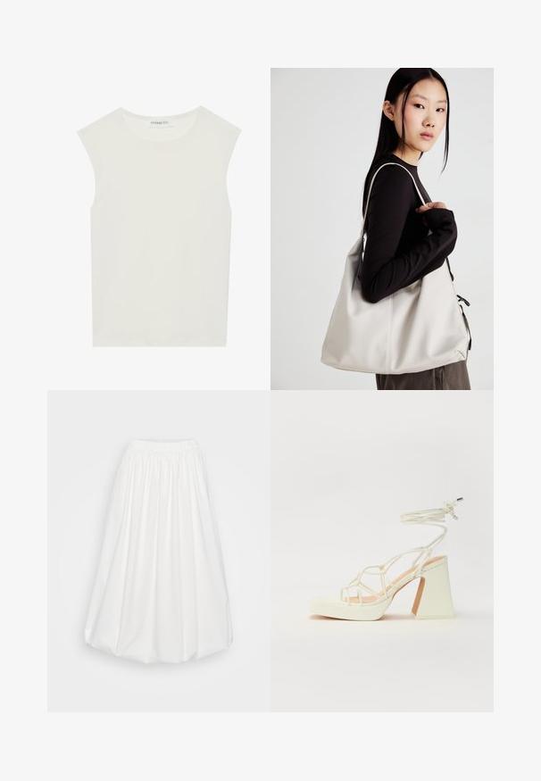 Bela brezrokavnica s okroglim izrezom. Narejena iz gladkega materiala, ima sproščen kroj in minimalističen dizajn. Brez vzorcev ali okrasnih elementov.; Bela krila iz lahkega materiala, z elastičnim pasom, nabranimi detajli in obsežno A-linijo.; Bela sandala na visokih petah s debelim petam, ki ima obliko trakcev in vezanje okoli gležnja. Gladka tekstura z platformo spredaj za dodatno višino.; Bežna torbica iz mehkega materiala, z ohlapno zasnovo, šivi in dvema naramnicama. Primerna za vsakodnevno uporabo.