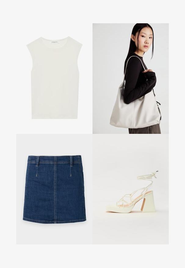 Witte mouwloze top met een ronde halslijn. Gemaakt van gladde stof, het heeft een losse pasvorm en een minimalistisch ontwerp. Geen patronen of accenten.; Donkerblauwe spijkerrok met een getailleerd ontwerp, voorzakken en zichtbare stikseldetails. Heeft een rechte zoom en riemlussen.; Witte hoge hakken sandaal met een chunky hak, met een bandjesontwerp en enkelband. Gladde textuur met een plateau voor extra hoogte.; Beige handtas gemaakt van zacht materiaal, met een slonzig ontwerp, gestikte details en twee schouderbanden. Geschikt voor dagelijks gebruik.
