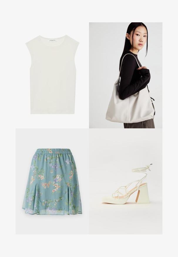Top bianco senza maniche con scollatura rotonda. Realizzato in tessuto liscio, presenta una vestibilità rilassata e un design minimalista. Nessun motivo o accentuazione.; Gonna fluida e leggera di colore blu chiaro decorata con un motivo floreale nelle tonalità di viola, arancio e verde; vita elasticizzata; spacchi laterali all'orlo.; Sandalo bianco con tacco alto, caratterizzato da un design a cinturini e un legaccio alla caviglia. Texture liscia con una piattaforma frontale per un'altezza aggiuntiva.; Borsa a mano beige realizzata in materiale morbido, caratterizzata da un design morbido, dettagli cuciti e due manici. Adatta per l'uso quotidiano.