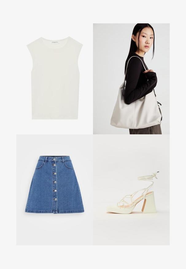 Fehér ujjatlan felső, kerek nyakkivágással. Simább anyagból készült, laza fazonnal és minimalista kialakítással rendelkezik. Nincsenek minták vagy díszítések.; Farmer A-vonalú szoknya derékkal, elöl gombos záródással, két zsebbel és enyhén kicsipkedett szegéllyel. Világoskék szín és egyenletes textúra.; Fehér, magassarkú szandál vastag sarokkal, pántos dizájnnal és bokapánttal. Sima textúra, elülső platformmal a megnövelt magasság érdekében.; Puha anyagból készült bézs kézitáska, laza dizájnnal, varrott részletekkel és két vállpánttal. Mindennapi használatra alkalmas.