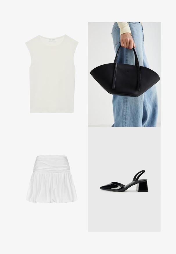 Fehér ujjatlan felső, kerek nyakkivágással. Simább anyagból készült, laza fazonnal és minimalista kialakítással rendelkezik. Nincsenek minták vagy díszítések.; Fehér mini szoknya összegyűrt derekkal, fonott A-vonalú fazonnal, sima szövettextúrával és fodros alsó széllel az extra térfogat és mozgás érdekében.; Fekete lakk bőr szandálkés magas sarkú cipő, hegyes orral és geometrikus tömbsarkakkal. Karcsú, minimalista dizájn és sima textúra jellemzi.; Fekete bőr kézitáska egyedi legyezőformával, lapos füllel. A felülete kőriszerű textúrájú és minimalista dizájnnal rendelkezik.