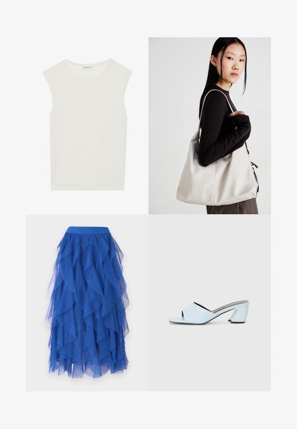 Valge ilma varrukateta topp ümmarguse kaelusega. Valmistatud siledast kangast, sellel on mugav lõige ja minimalistlik disain. Ei ole mustreid ega aksessuaare.; Sinine kihiline tüllseelik, millel on laineline disain, laia vöökoha ja pehme, läbipaistev tekstuur. Volüümse välimuse loovad volangid.; Heledad heles sinine avatud varvaga, geomeetrilise disainiga, laia rihmaga jala kohal ja nurga all oleva paksu kontsaga.; Bež käekott pehme materjali, millel on lõtv disain, õmblustega detailid ja kaks õlarihma. Sobib igapäevaseks kasutamiseks.