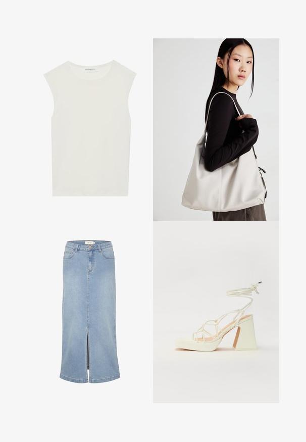 Bela brezrokavnica s okroglim izrezom. Narejena iz gladkega materiala, ima sproščen kroj in minimalističen dizajn. Brez vzorcev ali okrasnih elementov.; Svijetloplavi traper midi suknja s prednjim prorezom, ravnog kroja, klasičnog dizajna s pet džepova i izblijedjelim završnim slojem. Ima bijelu oznaku branda.; Bela sandala na visokih petah s debelim petam, ki ima obliko trakcev in vezanje okoli gležnja. Gladka tekstura z platformo spredaj za dodatno višino.; Bežna torbica iz mehkega materiala, z ohlapno zasnovo, šivi in dvema naramnicama. Primerna za vsakodnevno uporabo.