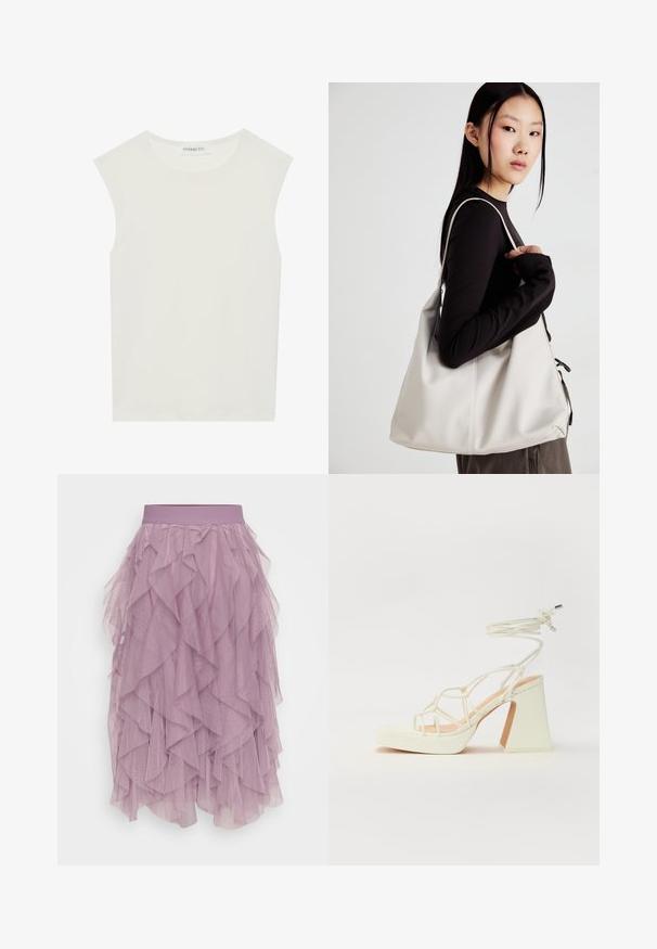 Hvit ermeløs topp med rund hals. Laget av glatt stoff, har den en avslappet passform og minimalistisk design. Ingen mønstre eller detaljer.; Lys lilla tyllskjørt med lagdelte volanger, elastisk midje og en lett, gjennomsiktig tekstur. Designet med en lagdelt silhuett.; Hvit høyhælte sandal med kraftig hæl, med en stroppe-design og ankelbånd. Glatt tekstur med plattform foran for ekstra høyde.; Beige håndveske laget av mykt materiale, med en slapp design, sydd detaljer og to skulderstropper. Passer for daglig bruk.