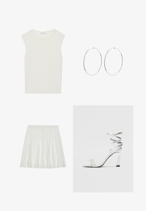 Balta be rankovių palaidinė su apvaliu kaklu. Pagaminta iš lygios medžiagos, ji turi laisvą siluetą ir minimalistinį dizainą. Be raštų ar akcentų.; Balta, sluoksniuota sijonas su tekstūruotu paviršiumi. Turi elastingą juosmenį ir sluoksniuotas volanėles, sukuriantis plačią siluetą.; Sidabrinė aukšto kulno sandalai su blizgiu diržo dizainu, featuring perlo panašus akcentas ir spiralinė kulkšnies dirželis saugiam prisitaikymui.; Sidabriniai auskarai-žiedai su lygiu, apvaliu dizainu ir blizgiu paviršiumi. Jie yra ploni ir lengvi, turintys paprastą užsegimą.