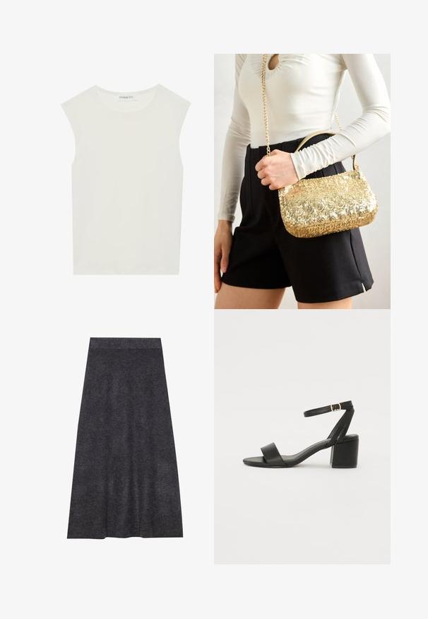 Valkoinen hihaton paita, jossa on pyöreä kaula-aukko. Valmistettu sileästä kankaasta, siinä on rento istuvuus ja minimalistinen muotoilu. Ei kuvioita tai koristeita.; Tummanharmaa, polvipituinen neulehame, jossa on sileä pinta ja vyötärönauha. A-linjainen siluetti, jossa on tasainen helma, suunniteltu mukavuuden ja monikäyttöisyyden vuoksi.; Mustat korkokenkä-sandaalit, joissa on sileä nahkapinta, avoin varvas, leveät etuvarteen strapit ja säädettävä nilkkastrap, jossa on kultainen solkiyksityiskohta.; Käsilaukku kullanvärisistä paljeteista, jossa on suorakaiteen muotoinen muotoilu, lyhyt kahva ja pitkä ketjuhihna. Pinta on kiiltävä ja heijastava.