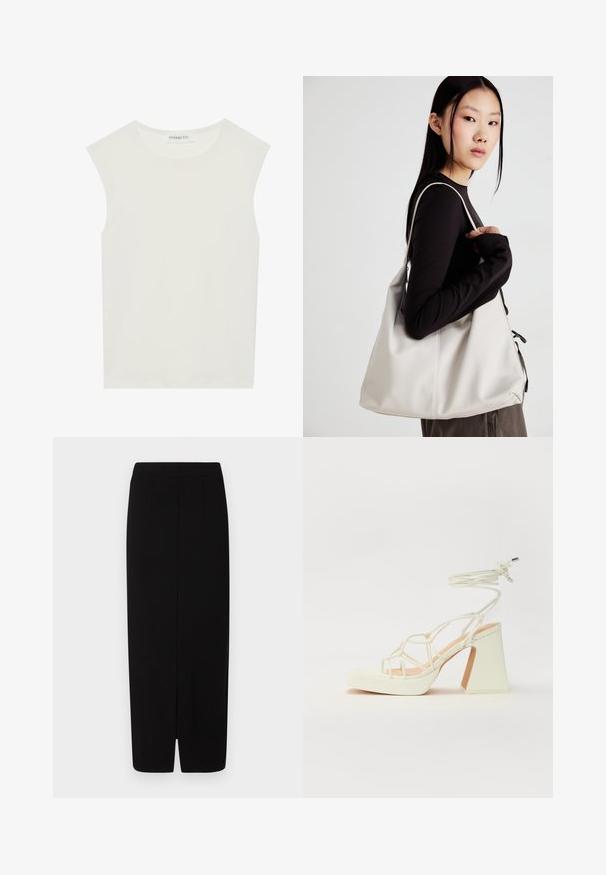Fehér ujjatlan felső, kerek nyakkivágással. Simább anyagból készült, laza fazonnal és minimalista kialakítással rendelkezik. Nincsenek minták vagy díszítések.; Fekete ceruza szoknya sima anyagból, magas derékkal, két elülső redővel és szellőző hasítékkal az alján, hogy megkönnyítse a mozgást.; Fehér, magassarkú szandál vastag sarokkal, pántos dizájnnal és bokapánttal. Sima textúra, elülső platformmal a megnövelt magasság érdekében.; Puha anyagból készült bézs kézitáska, laza dizájnnal, varrott részletekkel és két vállpánttal. Mindennapi használatra alkalmas.