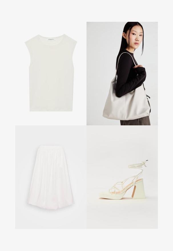 Fehér ujjatlan felső, kerek nyakkivágással. Simább anyagból készült, laza fazonnal és minimalista kialakítással rendelkezik. Nincsenek minták vagy díszítések.; Fehér, térdfeletti szoknya rugalmas derékkal, sima anyagból készült, rakott kialakítással a dúsabb forma érdekében.; Fehér, magassarkú szandál vastag sarokkal, pántos dizájnnal és bokapánttal. Sima textúra, elülső platformmal a megnövelt magasság érdekében.; Puha anyagból készült bézs kézitáska, laza dizájnnal, varrott részletekkel és két vállpánttal. Mindennapi használatra alkalmas.