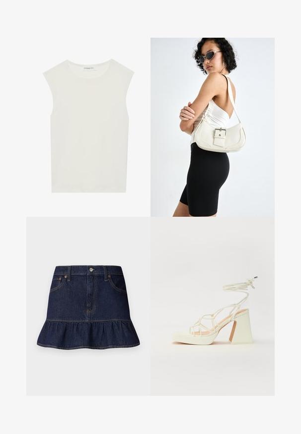 Top blanco sin mangas con escote redondo. Hecho de una tela suave, presenta un corte relajado y un diseño minimalista. Sin patrones ni acentos.; Falda de mezclilla oscura con dobladillo con volantes, diseño de cinco bolsillos, trabillas para cinturón y cierre frontal de botón. Textura suave y corte recto.; Sandalia de tacón alto blanca con un tacón grueso, que presenta un diseño de tiras y un lazo en el tobillo. Textura suave con una plataforma en la parte delantera para mayor altura.; Bolso de piel blanco con forma curvada, correa ajustable y un pequeño detalle de hebilla. La modelo lleva un conjunto negro ajustado.