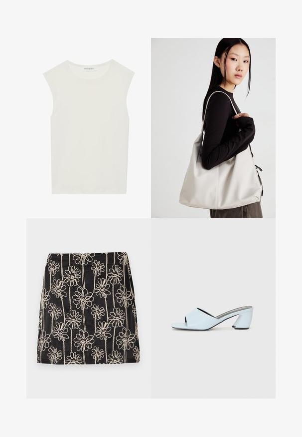 White sleeveless top with a round neckline. Made of smooth fabric, it features a relaxed fit and minimalist design. No patterns or accents.; Black skirt featuring white floral embroidery with looping designs. Smooth texture and fitted shape, with visible stitching details.; Light blue open-toe heeled mules with a geometric design, featuring a wide strap across the foot and a chunky, angular heel.; Beige handbag made of soft material, featuring a slouchy design, stitched detailing, and two shoulder straps. Suitable for everyday use.