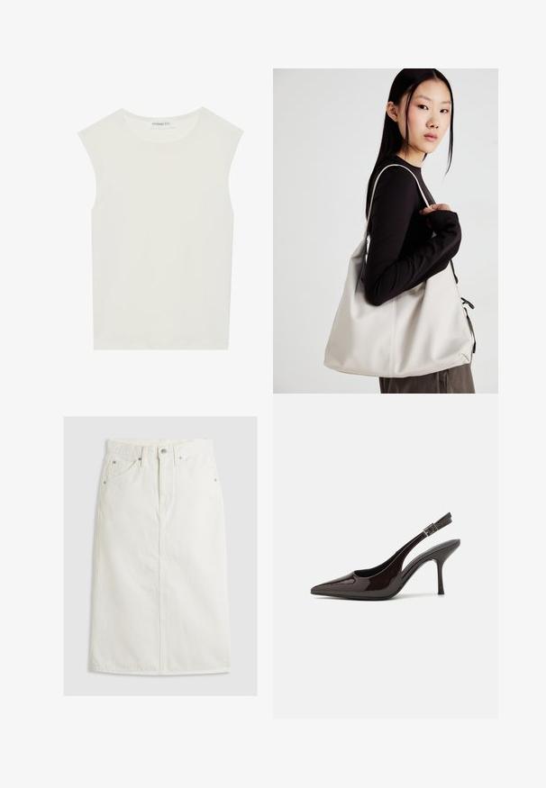 Top blanco sin mangas con escote redondo. Hecho de una tela suave, presenta un corte relajado y un diseño minimalista. Sin patrones ni acentos.; Falda midi de mezclilla blanca con cintura alta, cierre adelante de botones y dos bolsillos laterales. Presenta una silueta recta y detalles de costura.; Zapato de tacón alto tipo slingback en piel sintética brillante de color marrón oscuro, con punta afilada, laterales abiertos y correa ajustable en el tobillo.; Bolso de mano beige hecho de material suave, con un diseño holgado, detalles cosidos y dos asas. Adecuado para uso diario.