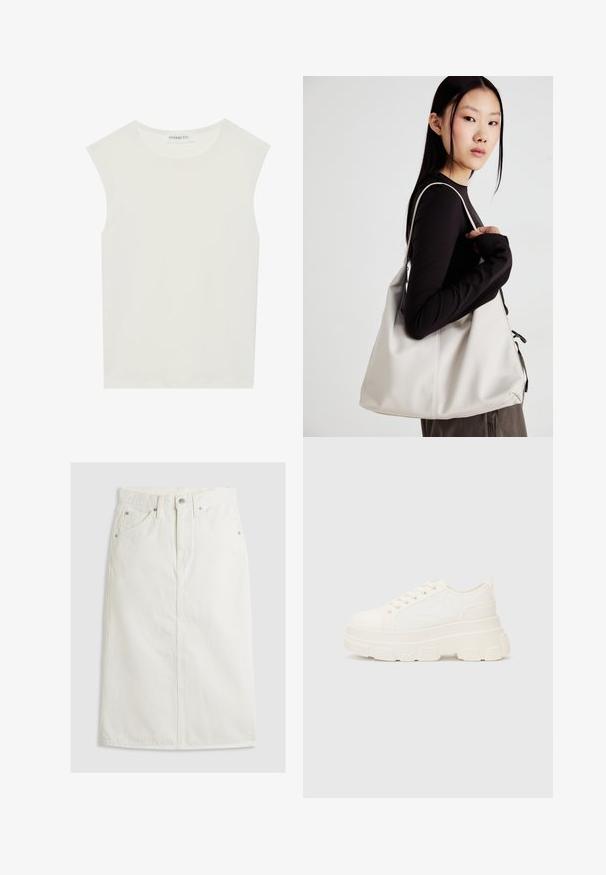 Balta be rankovių palaidinė su apvaliu kaklu. Pagaminta iš lygios medžiagos, ji turi laisvą siluetą ir minimalistinį dizainą. Be raštų ar akcentų.; Balta džinsinė midi sijonas su aukštu liemeniu, priekyje mygtukų uždarymas ir dvi šoninės kišenės. Turi tiesią siluetą ir siuvinėjimų detales.; Balti drobės sportbačiai su storu padu, apvalia nosimi ir penkiomis akytėmis raištams. Gale yra kilputė, kad būtų lengva užsidėti. Sklandus paviršius, minimalistinis dizainas.; Bežinė rankinė, pagaminta iš minkštos medžiagos, turinti laisvą dizainą, siuvinėtas detalės ir dvi petnešos. Tinkama kasdieniam naudojimui.